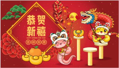 Yılanlı klasik Çin yılbaşı poster tasarımı. Çince 'de 