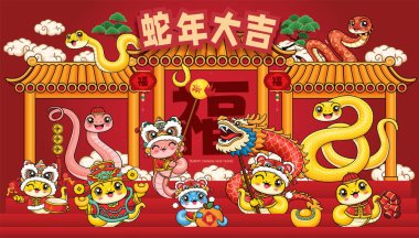 Yılanlı klasik Çin yılbaşı poster tasarımı. Çince 'de 