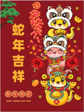 Yılanlı klasik Çin yılbaşı poster tasarımı. Çince 'de 