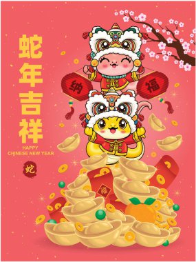 Yılanlı klasik Çin yılbaşı poster tasarımı. Çince 'de 
