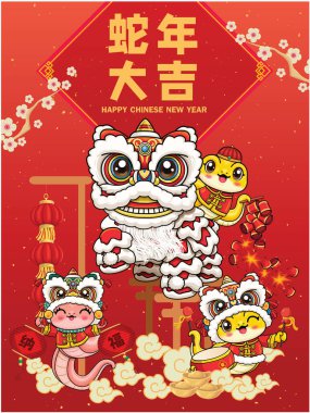 Yılanlı klasik Çin yılbaşı poster tasarımı. Çince 'de 