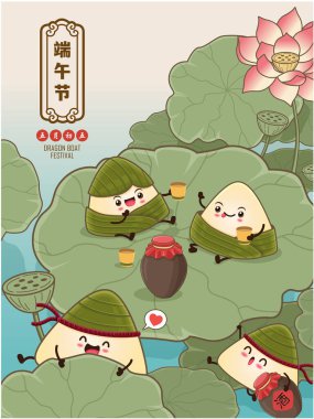 Klasik Çin mantısı çizgi film karakteri. Ejderha teknesi festivali illüstrasyonu. Çince 'de ejderha botu festivali demek, mayısın 5' i, pirinç köftesi, zongzi