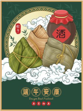 Klasik Çin mantısı çizgi film karakteri. Ejderha teknesi festivali illüstrasyonu. Çince 'de 