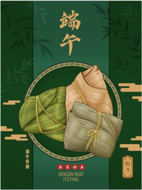 Klasik Çin mantısı çizgi film karakteri. Ejderha teknesi festivali illüstrasyonu. Çince 'de 