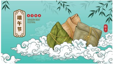 Klasik Çin mantısı çizgi film karakteri. Ejderha teknesi festivali illüstrasyonu. Çince 'de 