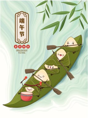 Klasik Çin mantısı çizgi film karakteri. Ejderha teknesi festivali illüstrasyonu. Çince 'de ejderha botu festivali demek, 5 Mayıs.