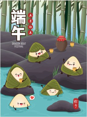 Klasik Çin mantısı çizgi film karakteri. Ejderha teknesi festivali illüstrasyonu. Çince 'de ejderha botu festivali demek, mayısın 5' i, pirinç köftesi, zongzi