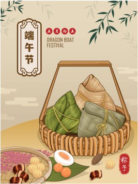 Klasik Çin mantısı çizgi film karakteri. Ejderha teknesi festivali illüstrasyonu. Çince 'de ejderha botu festivali demek, mayısın 5' i, pirinç köftesi, zongzi