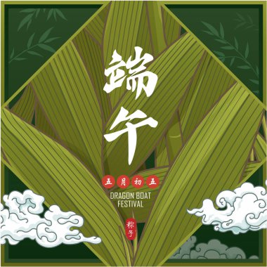 Klasik Çin mantısı çizgi film karakteri. Ejderha teknesi festivali illüstrasyonu. Çince 'de ejderha botu festivali demek, mayısın 5' i, pirinç köftesi, zongzi