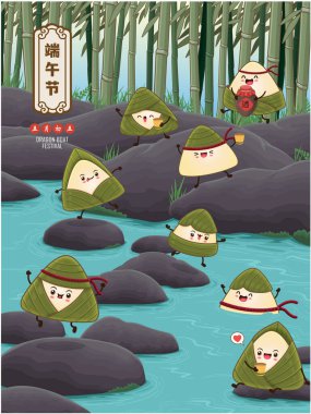 Klasik Çin mantısı çizgi film karakteri. Ejderha teknesi festivali illüstrasyonu. Çince 'de ejderha botu festivali demek, mayısın 5' i, pirinç köftesi, zongzi, likör