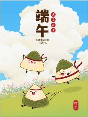 Klasik Çin mantısı çizgi film karakteri. Ejderha teknesi festivali illüstrasyonu. Çince 'de ejderha botu festivali demek, mayısın 5' i, pirinç köftesi, zongzi