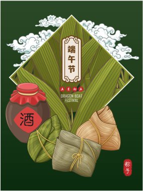 Klasik Çin mantısı çizgi film karakteri. Ejderha teknesi festivali illüstrasyonu. Çince 'de 