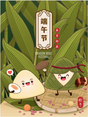 Klasik Çin mantısı çizgi film karakteri. Ejderha teknesi festivali illüstrasyonu. Çince 'de ejderha botu festivali demek, mayısın 5' i, pirinç köftesi, zongzi