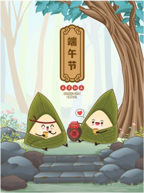 Klasik Çin mantısı çizgi film karakteri. Ejderha teknesi festivali illüstrasyonu. Çince 'de ejderha botu festivali demek, mayısın 5' i, pirinç köftesi, zongzi, likör