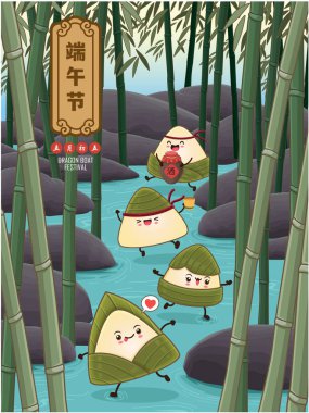 Klasik Çin mantısı çizgi film karakteri. Ejderha teknesi festivali illüstrasyonu. Çince 'de ejderha botu festivali demek, mayısın 5' i, pirinç köftesi, zongzi, likör