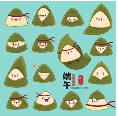 Klasik Çin mantısı çizgi film karakteri seti. Ejderha teknesi festivali illüstrasyonu. Çince 'de ejderha botu festivali demek, mayısın 5' i, pirinç köftesi, zongzi