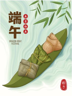 Klasik Çin mantısı çizgi film karakteri. Ejderha teknesi festivali illüstrasyonu. Çince 'de ejderha botu festivali demek, mayısın 5' i, pirinç köftesi, zongzi