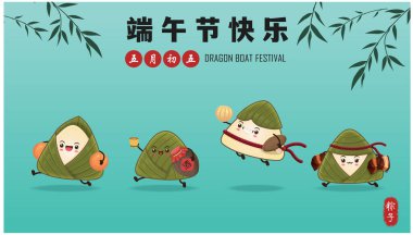 Klasik Çin mantısı çizgi film karakteri. Ejderha teknesi festivali illüstrasyonu. Çince 