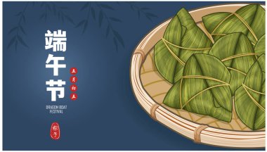 Klasik Çin mantısı çizgi film karakteri. Ejderha teknesi festivali illüstrasyonu. Çince 'de ejderha botu festivali demek, mayısın 5' i, pirinç köftesi, zongzi