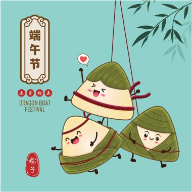 Klasik Çin mantısı çizgi film karakteri. Ejderha teknesi festivali illüstrasyonu. Çince 'de 