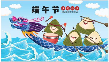 Klasik Çin mantısı çizgi film karakteri. Ejderha teknesi festivali illüstrasyonu. Çince 'de ejderha botu festivali demek, 5 Mayıs.