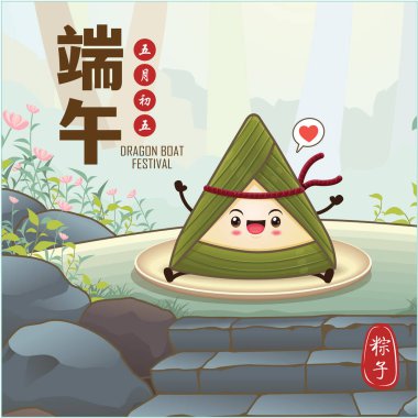 Klasik Çin mantısı çizgi film karakteri. Ejderha teknesi festivali illüstrasyonu. Çince 'de ejderha botu festivali demek, mayısın 5' i, pirinç köftesi, zongzi