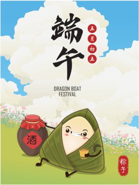 Klasik Çin mantısı çizgi film karakteri. Ejderha teknesi festivali illüstrasyonu. Çince 'de ejderha botu festivali demek, mayısın 5' i, pirinç köftesi, zongzi, likör