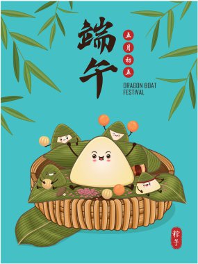 Klasik Çin mantısı çizgi film karakteri. Ejderha teknesi festivali illüstrasyonu. Çince 'de ejderha botu festivali demek, mayısın 5' i, pirinç köftesi, zongzi