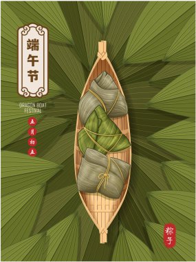 Klasik Çin mantısı çizgi film karakteri. Ejderha teknesi festivali illüstrasyonu. Çince 'de ejderha botu festivali demek, mayısın 5' i, pirinç köftesi, zongzi