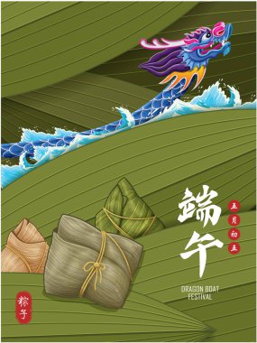 Klasik Çin mantısı çizgi film karakteri. Ejderha teknesi festivali illüstrasyonu. Çince 'de ejderha botu festivali demek, mayısın 5' i, pirinç köftesi, zongzi, 