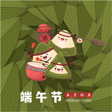 Klasik Çin mantısı çizgi film karakteri. Ejderha teknesi festivali illüstrasyonu. Çince 