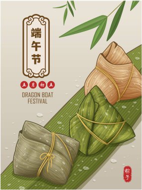 Klasik Çin mantısı çizgi film karakteri. Ejderha teknesi festivali illüstrasyonu. Çince 'de ejderha botu festivali demek, mayısın 5' i, pirinç köftesi, zongzi
