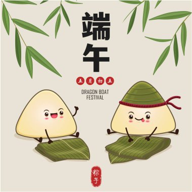 Klasik Çin mantısı çizgi film karakteri. Ejderha teknesi festivali illüstrasyonu. Çince 'de ejderha botu festivali demek, mayısın 5' i, pirinç köftesi, zongzi