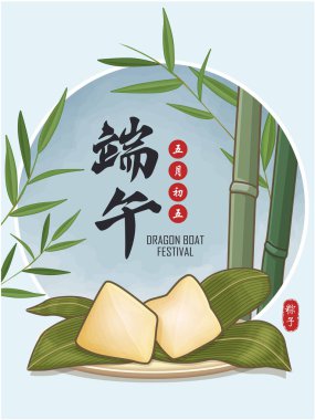 Klasik Çin mantısı çizgi film karakteri. Ejderha teknesi festivali illüstrasyonu. Çince 'de ejderha botu festivali demek, mayısın 5' i, pirinç köftesi, zongzi