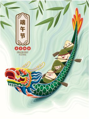 Klasik Çin mantısı çizgi film karakteri. Ejderha teknesi festivali illüstrasyonu. Çince 'de ejderha botu festivali demek, 5 Mayıs.