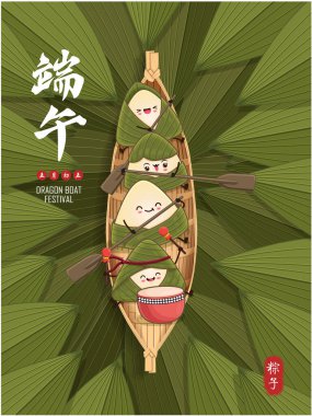 Klasik Çin mantısı çizgi film karakteri. Ejderha teknesi festivali illüstrasyonu. Çince 'de ejderha botu festivali demek, 5 Mayıs.