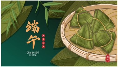 Klasik Çin mantısı çizgi film karakteri. Ejderha teknesi festivali illüstrasyonu. Çince 'de ejderha botu festivali demek, 5 Mayıs.