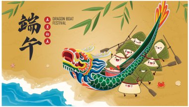 Klasik Çin mantısı çizgi film karakteri. Ejderha teknesi festivali illüstrasyonu. Çince 'de ejderha botu festivali demek, 5 Mayıs.