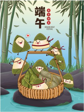 Klasik Çin mantısı çizgi film karakteri. Ejderha teknesi festivali illüstrasyonu. Çince 'de ejderha botu festivali demek, 5 Mayıs.