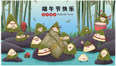 Klasik Çin mantısı çizgi film karakteri. Ejderha teknesi festivali illüstrasyonu. Çince 'de ejderha botu festivali demek, mayısın 5' i, içki.