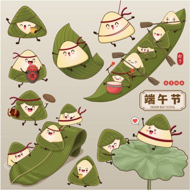 Klasik Çin mantısı çizgi film karakteri. Ejderha teknesi festivali illüstrasyonu. Çince 'de ejderha botu festivali demek, mayısın 5' i, likör, pirinç köftesi, zongzi