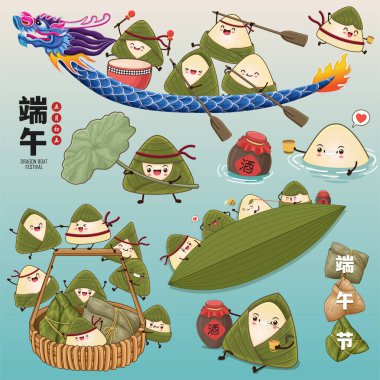 Klasik Çin mantısı çizgi film karakteri. Ejderha teknesi festivali illüstrasyonu. Çince 'de ejderha botu festivali demek, mayısın 5' i, likör, pirinç köftesi, zongzi