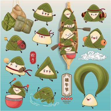 Klasik Çin mantısı çizgi film karakteri. Ejderha teknesi festivali illüstrasyonu. Çince 'de ejderha botu festivali demek, mayısın 5' i, likör, pirinç köftesi, zongzi