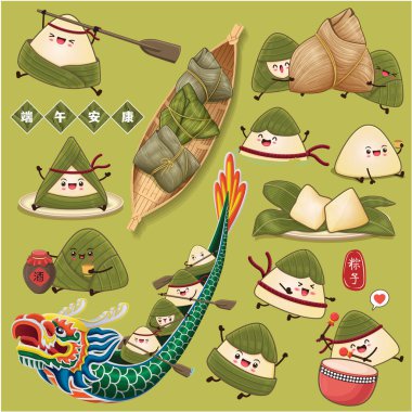 Klasik Çin mantısı çizgi film karakteri. Ejderha teknesi festivali illüstrasyonu. Çince 'de ejderha botu festivali demek, mayısın 5' i, likör, pirinç köftesi, zongzi
