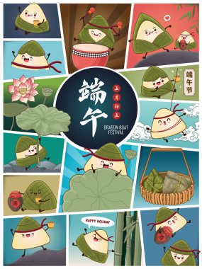 Klasik Çin mantısı çizgi film karakteri. Ejderha teknesi festivali illüstrasyonu. Çince 'de ejderha botu festivali demek, mayısın 5' i, likör, pirinç köftesi, zongzi