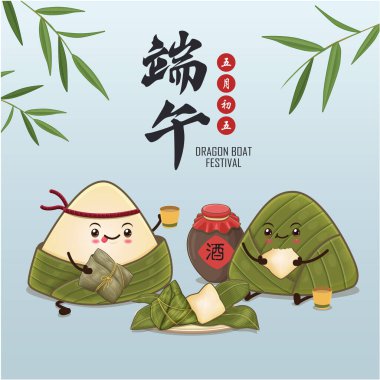 Klasik Çin mantısı çizgi film karakteri. Ejderha teknesi festivali illüstrasyonu. Çince 