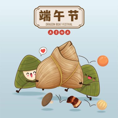 Klasik Çin mantısı çizgi film karakteri. Ejderha teknesi festivali illüstrasyonu. Çince 