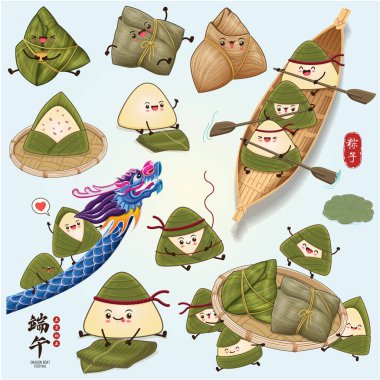 Klasik Çin mantısı çizgi film karakteri. Ejderha teknesi festivali illüstrasyonu. Çince 'de ejderha botu festivali demek, mayısın 5' i, likör, pirinç köftesi, zongzi