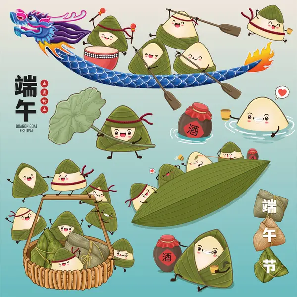 Klasik Çin mantısı çizgi film karakteri. Ejderha teknesi festivali illüstrasyonu. Çince 'de ejderha botu festivali demek, mayısın 5' i, likör, pirinç köftesi, zongzi