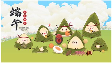 Klasik Çin mantısı çizgi film karakteri. Ejderha teknesi festivali illüstrasyonu. Çince 